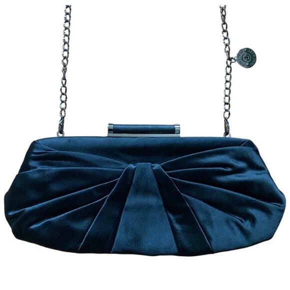 Y2K Cheetah Print Lined Pleated Black Satin Clutch w/ Silver Chain Strap - Picture 3 of 12